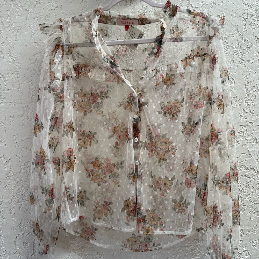 Delicate Floral Button-Up Blouse - Sheer Elegance